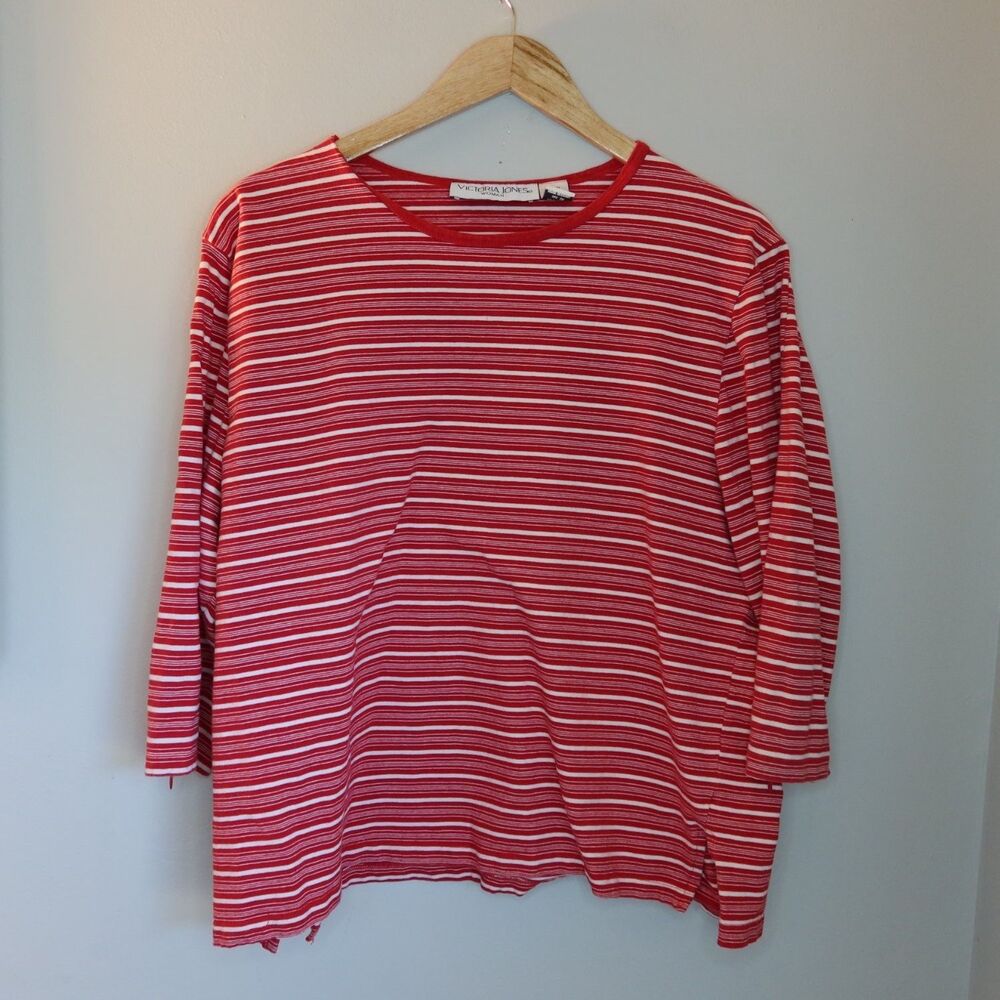 Victoria Jones Striped 3/4 Sleeve Top Womens 1X Red Crew Neck Side Slits Stretch - Picture 2 of 7
